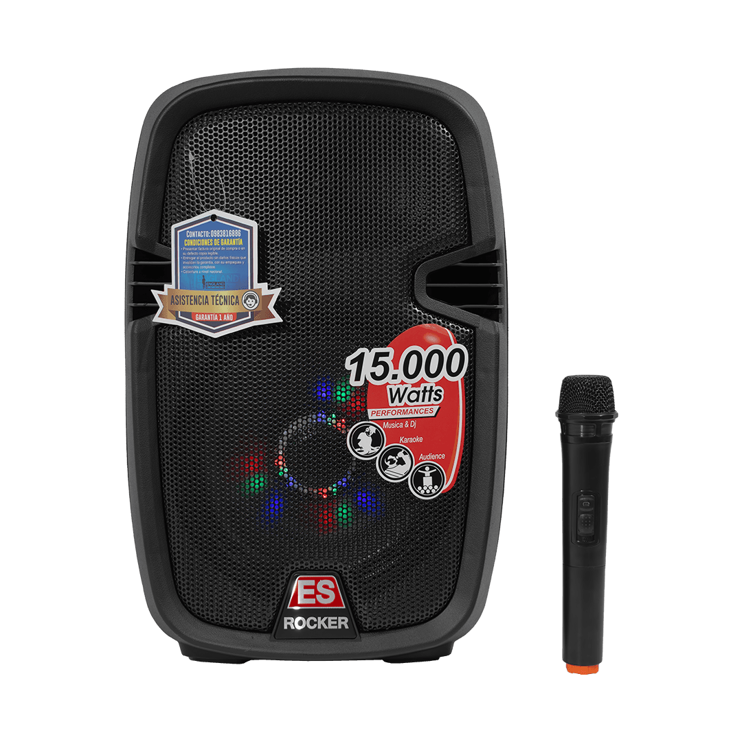 CAJA AMPLIFICADA CON BATERIA 10 PULG., 30.000W PMOP, ENTRAJA JACK 1/4, 3.5MM, EFECTO ECO, BASS TREBLE, LUZ LED RGB, INCLUYE UN MICROFONO VHF - Miniatura 10