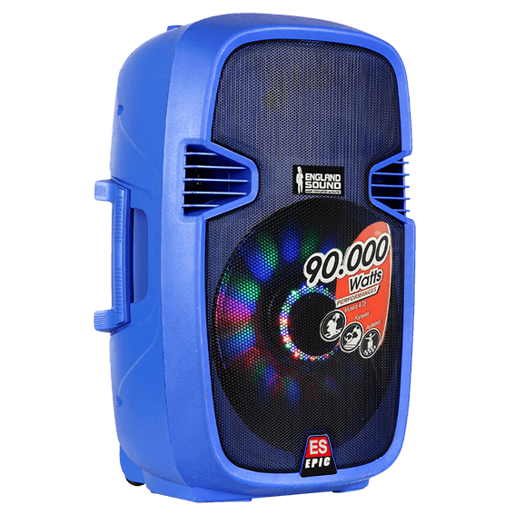 CAJA AMPLIFICADA 15 PULG. COLOR AZUL, 180.000W PMOP,  1 MIC 1/4 Y XLR, BASS & TREBLE, ENTRADA  XLR, RCA, SALIDA XLRS Y SPEAKON INCLUYE MICROFONO Y PEDESTAL