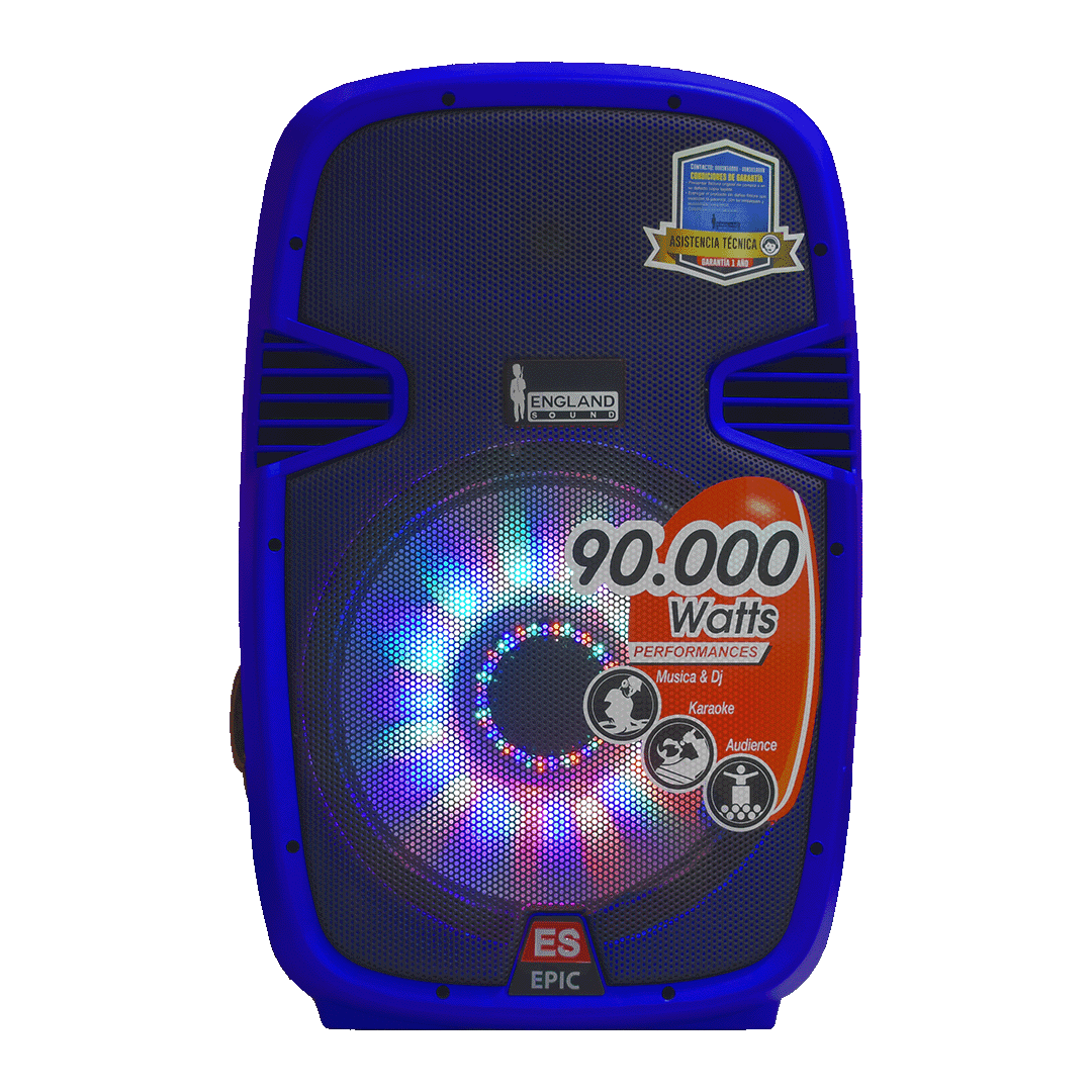 CAJA AMPLIFICADA 15 PULG. COLOR AZUL, 180.000W PMOP,  1 MIC 1/4 Y XLR, BASS & TREBLE, ENTRADA  XLR, RCA, SALIDA XLRS Y SPEAKON INCLUYE MICROFONO Y PEDESTAL - Miniatura 2