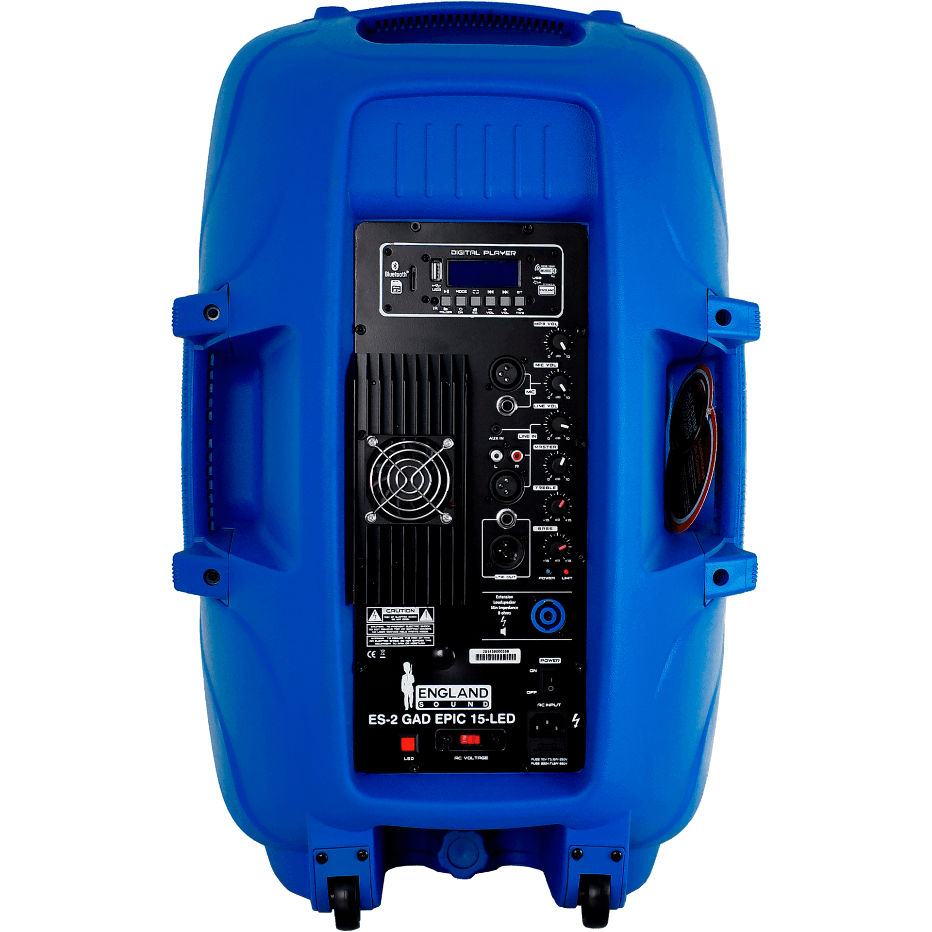 CAJA AMPLIFICADA 15 PULG. COLOR AZUL, 180.000W PMOP,  1 MIC 1/4 Y XLR, BASS & TREBLE, ENTRADA  XLR, RCA, SALIDA XLRS Y SPEAKON INCLUYE MICROFONO Y PEDESTAL - Miniatura 3