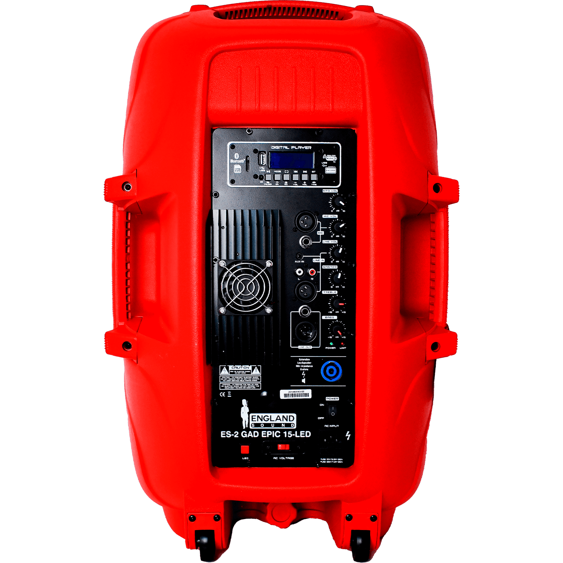 CAJA AMPLIFICADA 15 PULG. COLOR ROJO, 180.000W PMOP,  1 MIC 1/4 Y XLR, BASS & TREBLE, ENTRADA  XLR, RCA, SALIDA XLRS Y SPEAKON INCLUYE MICROFONO Y PEDESTAL - Miniatura 3