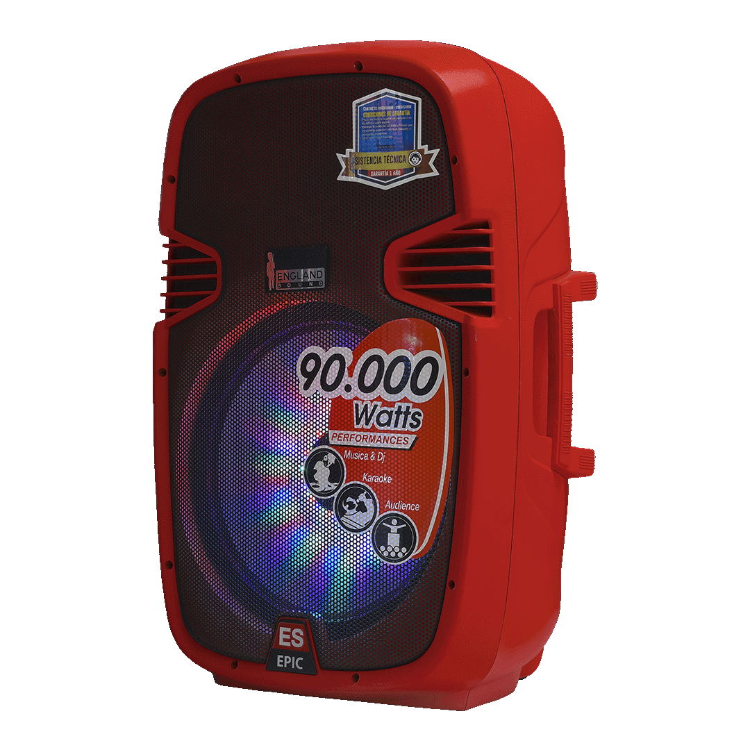 CAJA AMPLIFICADA 15 PULG. COLOR ROJO, 180.000W PMOP,  1 MIC 1/4 Y XLR, BASS & TREBLE, ENTRADA  XLR, RCA, SALIDA XLRS Y SPEAKON INCLUYE MICROFONO Y PEDESTAL - Miniatura 5