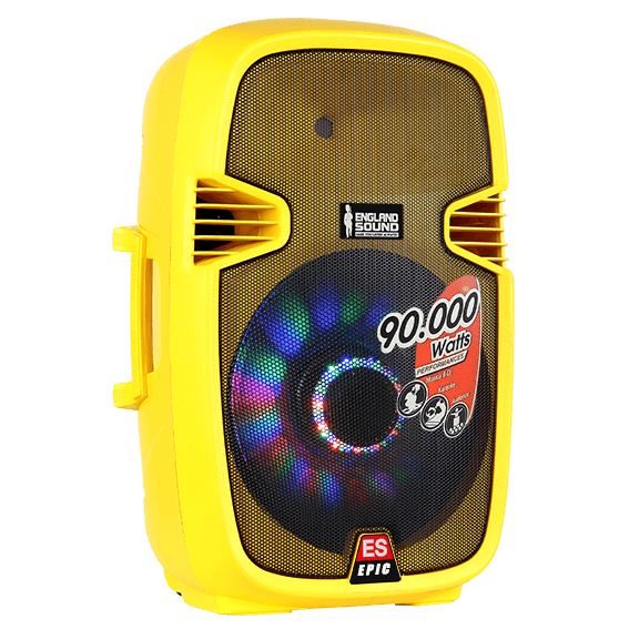 CAJA AMPLIFICADA 15 PULG. COLOR AMARILLO, 180.000W PMOP,  1 MIC 1/4 Y XLR, BASS & TREBLE, ENTRADA  XLR, RCA, SALIDA XLRS Y SPEAKON INCLUYE MICROFONO Y PEDESTAL