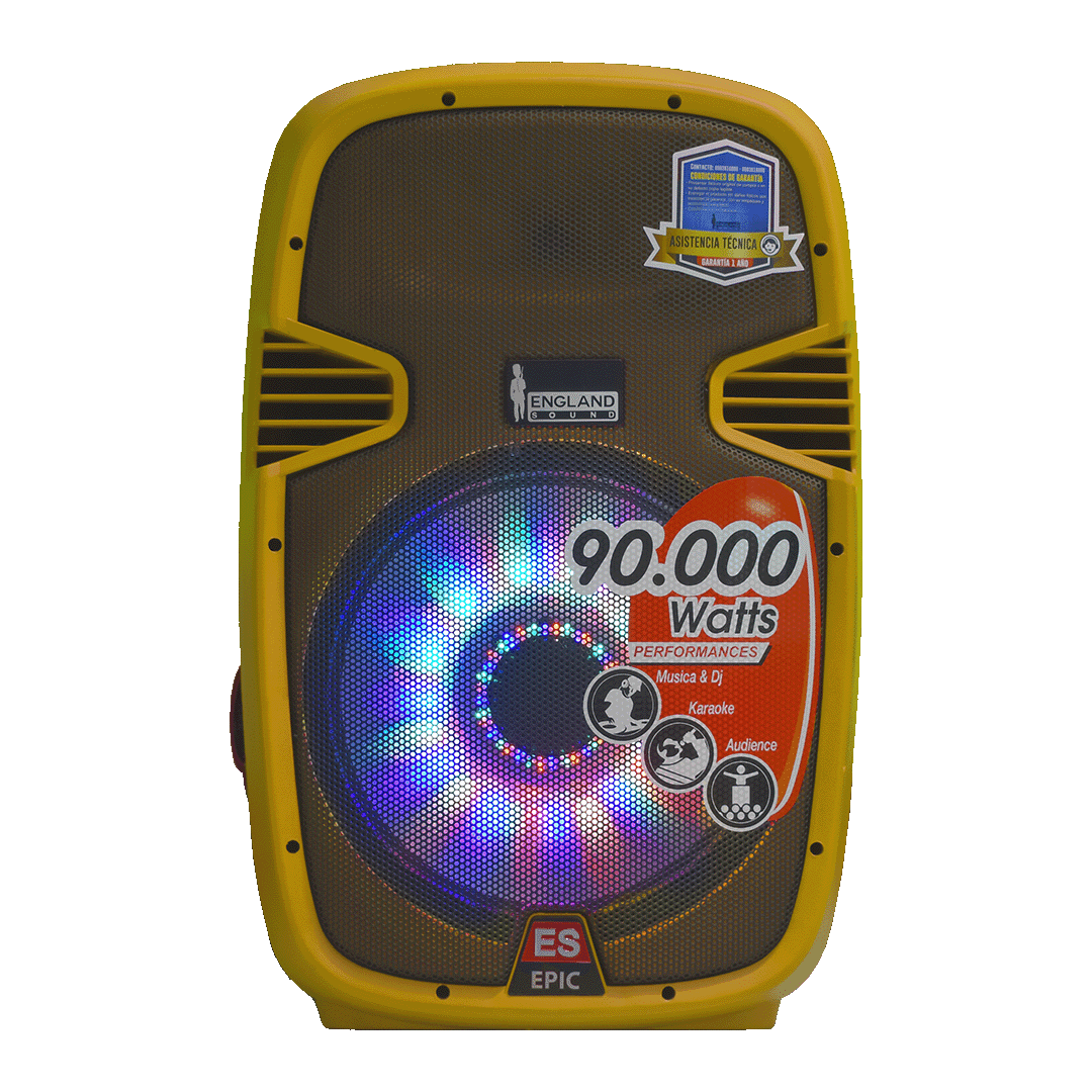 CAJA AMPLIFICADA 15 PULG. COLOR AMARILLO, 180.000W PMOP,  1 MIC 1/4 Y XLR, BASS & TREBLE, ENTRADA  XLR, RCA, SALIDA XLRS Y SPEAKON INCLUYE MICROFONO Y PEDESTAL - Miniatura 2