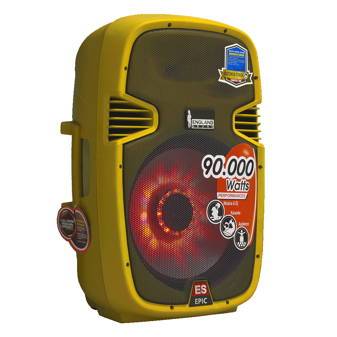 CAJA AMPLIFICADA 15 PULG. COLOR AMARILLO, 180.000W PMOP,  1 MIC 1/4 Y XLR, BASS & TREBLE, ENTRADA  XLR, RCA, SALIDA XLRS Y SPEAKON INCLUYE MICROFONO Y PEDESTAL - Miniatura 4