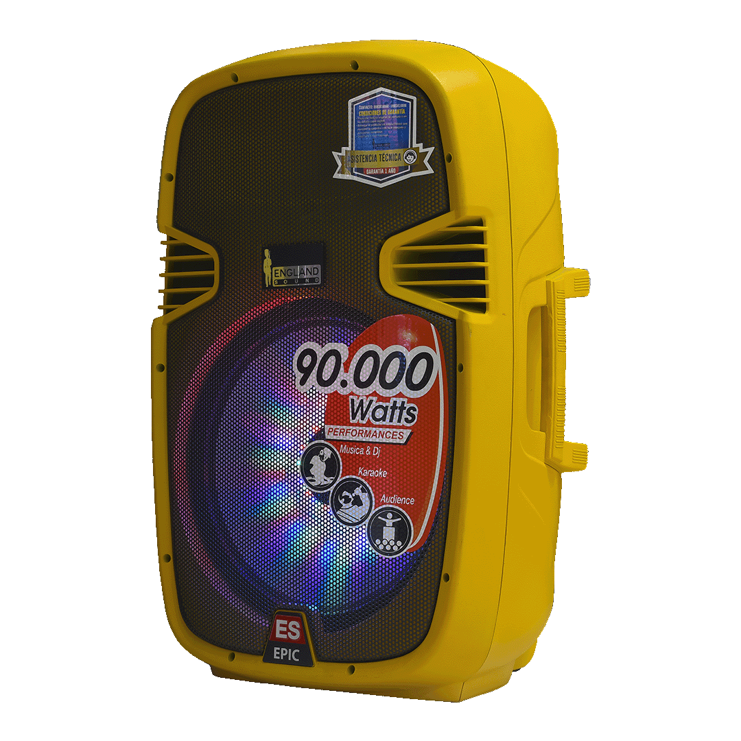CAJA AMPLIFICADA 15 PULG. COLOR AMARILLO, 180.000W PMOP,  1 MIC 1/4 Y XLR, BASS & TREBLE, ENTRADA  XLR, RCA, SALIDA XLRS Y SPEAKON INCLUYE MICROFONO Y PEDESTAL - Miniatura 5