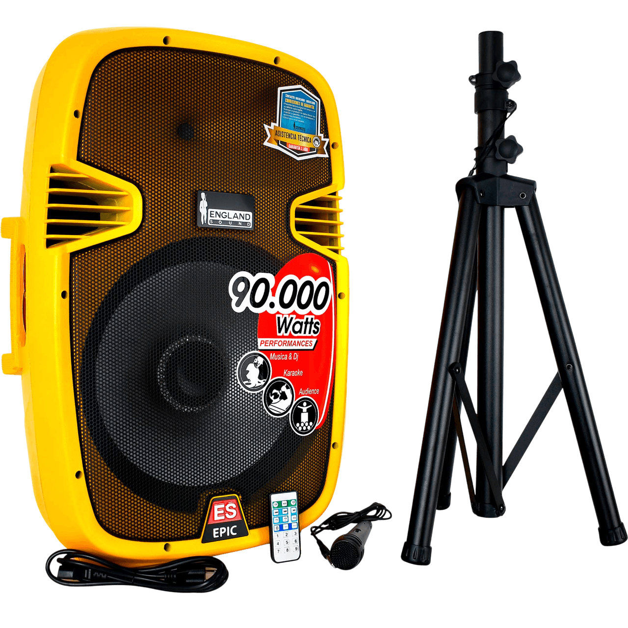 CAJA AMPLIFICADA 15 PULG. COLOR AMARILLO, 180.000W PMOP,  1 MIC 1/4 Y XLR, BASS & TREBLE, ENTRADA  XLR, RCA, SALIDA XLRS Y SPEAKON INCLUYE MICROFONO Y PEDESTAL - Miniatura 6