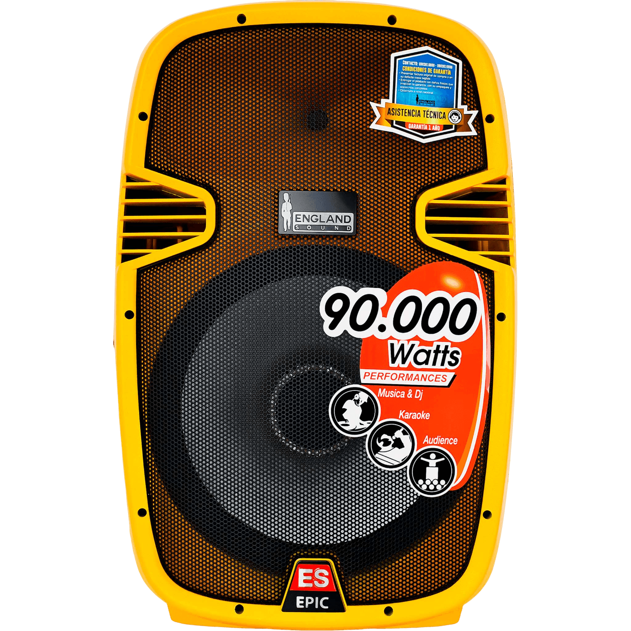 CAJA AMPLIFICADA 15 PULG. COLOR AMARILLO, 180.000W PMOP,  1 MIC 1/4 Y XLR, BASS & TREBLE, ENTRADA  XLR, RCA, SALIDA XLRS Y SPEAKON INCLUYE MICROFONO Y PEDESTAL - Miniatura 7