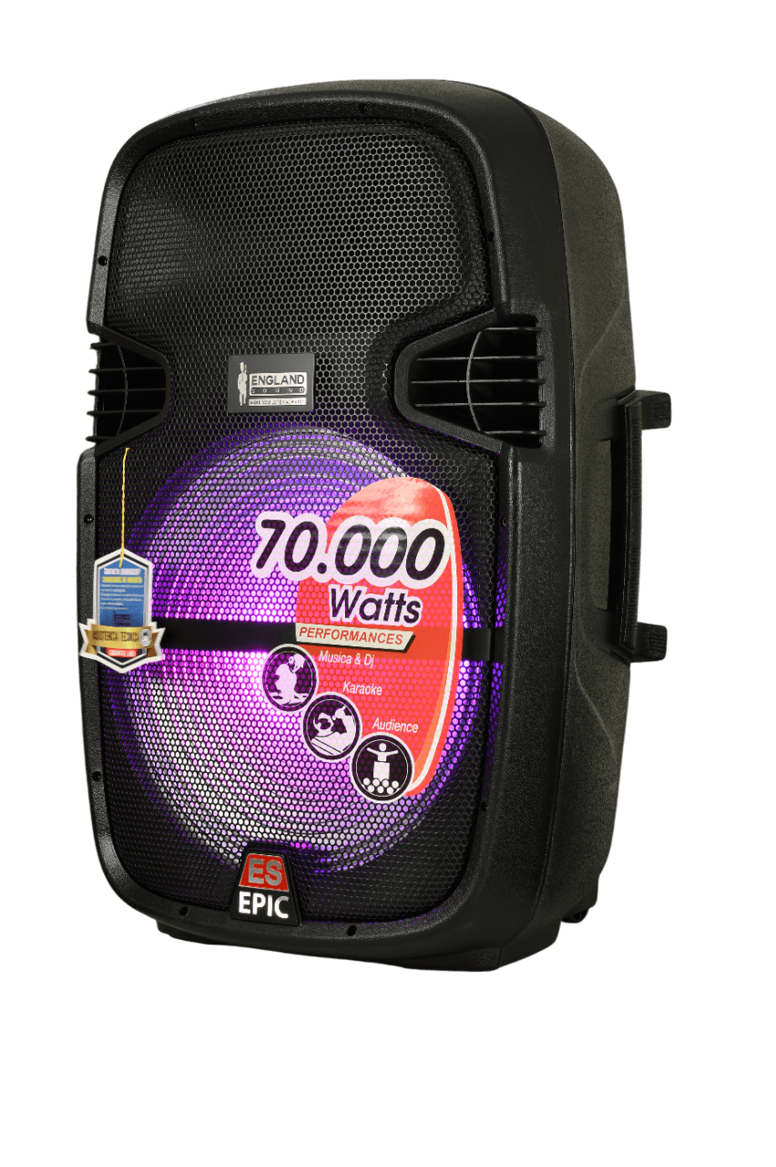 CAJA AMPLIFICADA 15 PULG., 130.000W PMOP,  BASS & TREBLE, ENTRADA 3.5, LUZ RGB, INCLUYE UN MICROFONO Y PEDESTAL