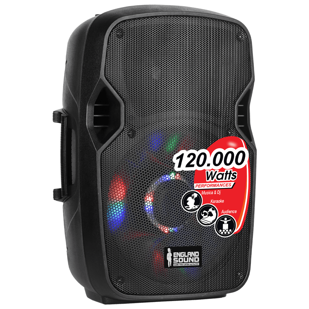 CAJA AMPLIFICADA 15 PULG., 120.000W PMOP, 2 MIC 1/4 Y XLR, EQ 5 BANDAS, ENTRADA  XLR, RCA, SALIDA XLRS Y SPEAKON INCLUYE MICROFONO Y PEDESTAL