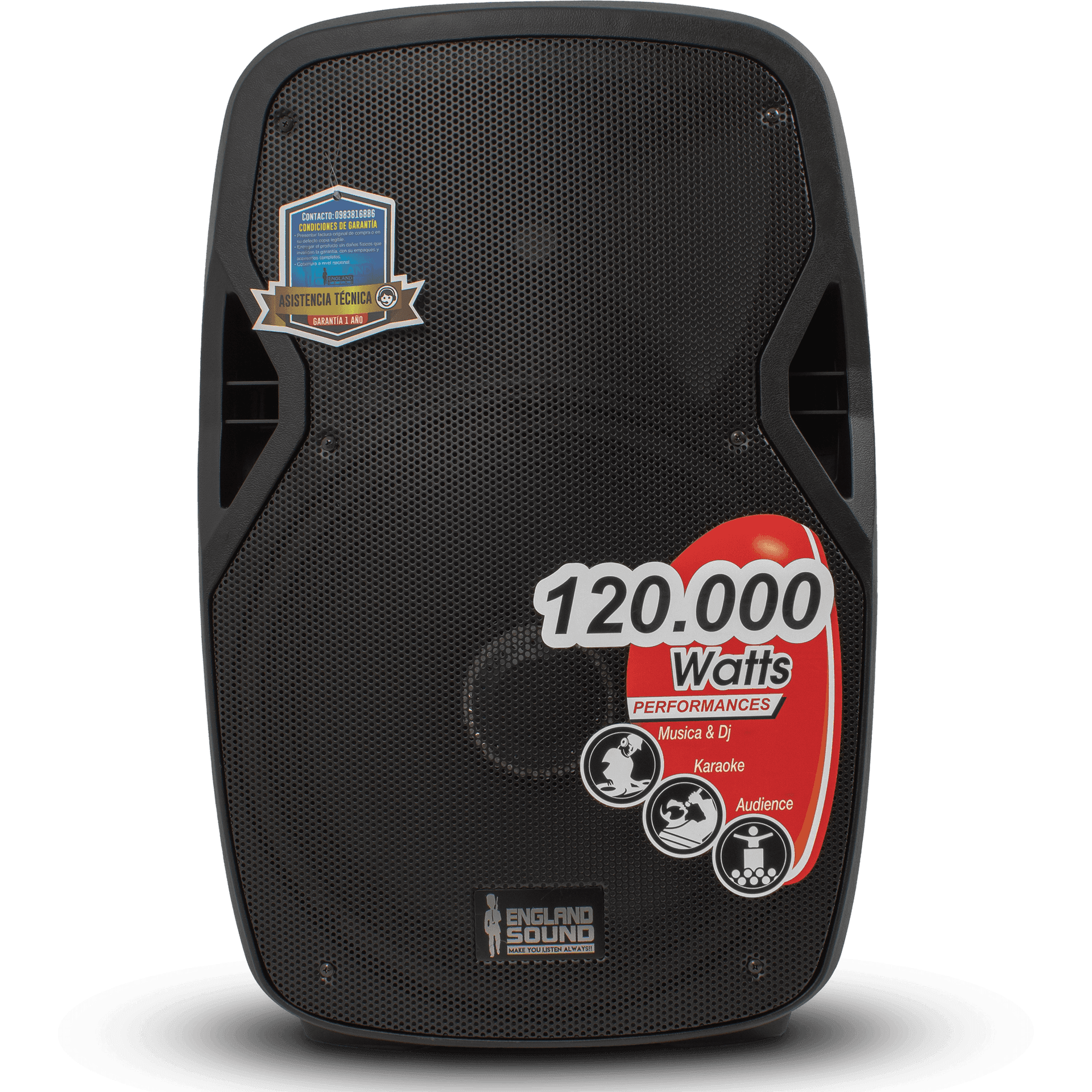 CAJA AMPLIFICADA 15 PULG., 120.000W PMOP, 2 MIC 1/4 Y XLR, EQ 5 BANDAS, ENTRADA  XLR, RCA, SALIDA XLRS Y SPEAKON INCLUYE MICROFONO Y PEDESTAL - Miniatura 2