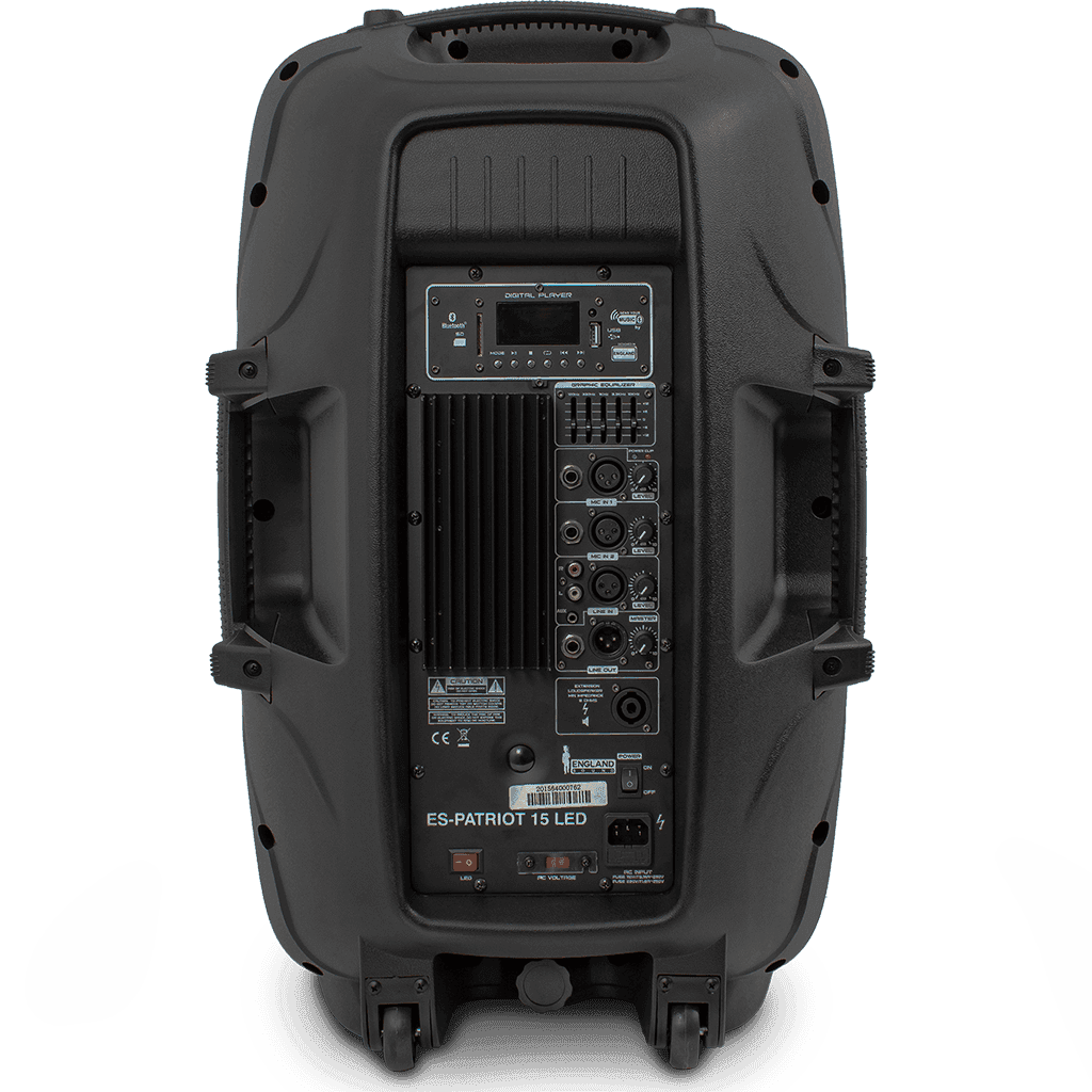 CAJA AMPLIFICADA 15 PULG., 120.000W PMOP, 2 MIC 1/4 Y XLR, EQ 5 BANDAS, ENTRADA  XLR, RCA, SALIDA XLRS Y SPEAKON INCLUYE MICROFONO Y PEDESTAL - Miniatura 3