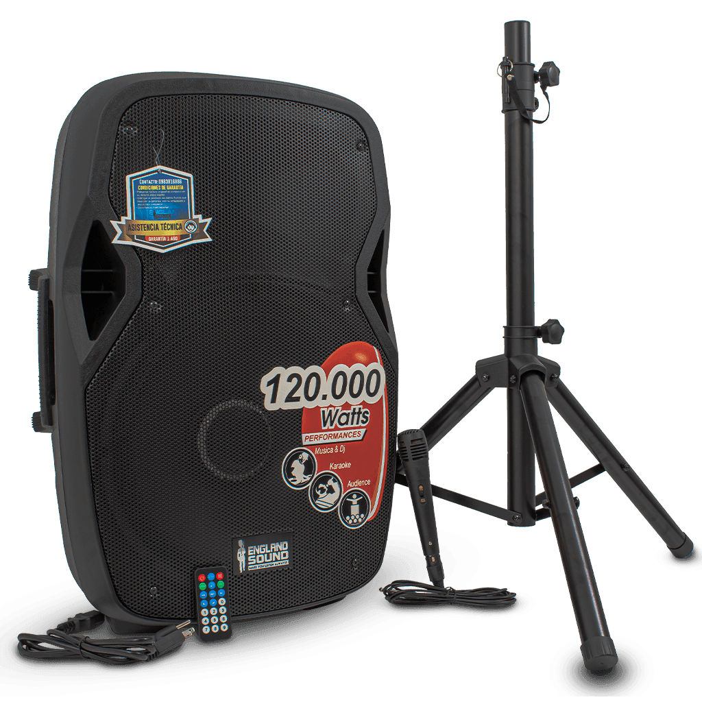 CAJA AMPLIFICADA 15 PULG., 120.000W PMOP, 2 MIC 1/4 Y XLR, EQ 5 BANDAS, ENTRADA  XLR, RCA, SALIDA XLRS Y SPEAKON INCLUYE MICROFONO Y PEDESTAL - Miniatura 6