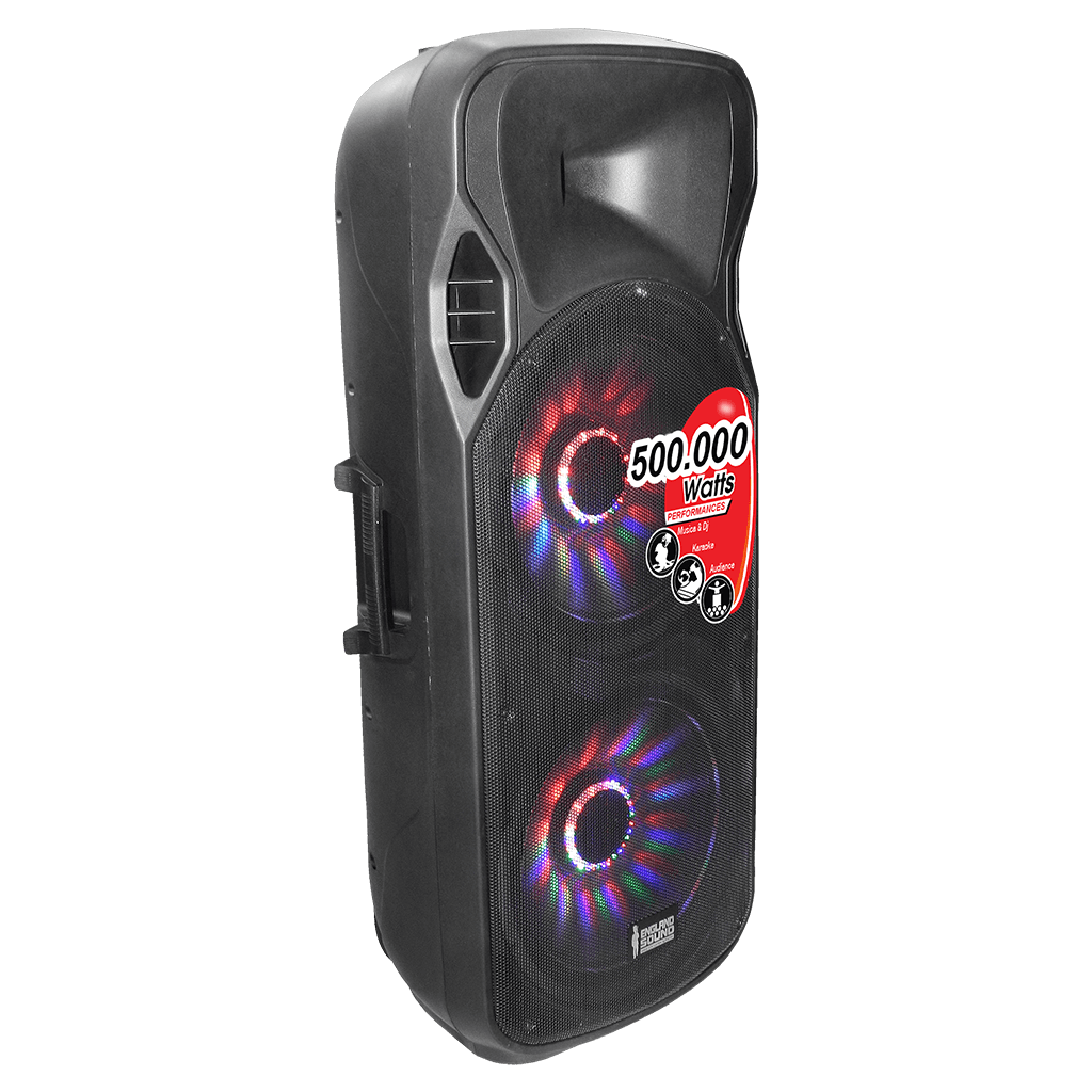 CAJA AMPLIFICADA 2X15 PULG., 800.000W PMOP, 2 MIC 1/4 Y XLR, EQ 5 BANDAS, ENTRADA  XLR, RCA, SALIDA XLRS Y SPEAKON INCLUYE MICROFONO