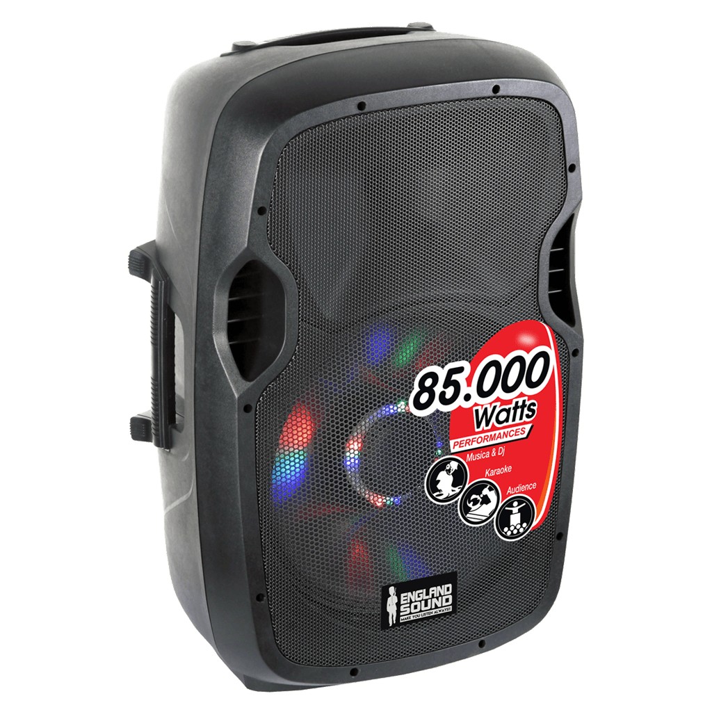 CAJA AMPLIFICADA 15 PULG., 150.000W PMOP, 2 MIC 1/4 Y XLR, EQ 5 BANDAS, ENTRADA  XLR, RCA, SALIDA XLRS Y SPEAKON INCLUYE MICROFONO Y PEDESTAL