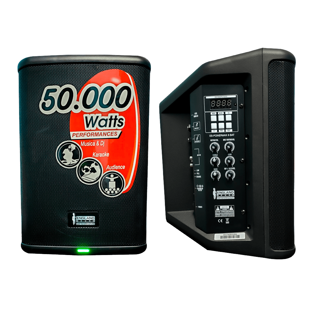 CAJA AMPLIFICADA 8 PULG., 100W RMS, REPRODUCTOR ANALOGICO DIGITAL,ENTRADA JACK 1/4, 3.5MM, EQ BASS & TREBLE, BATERIA  12V 4.5A