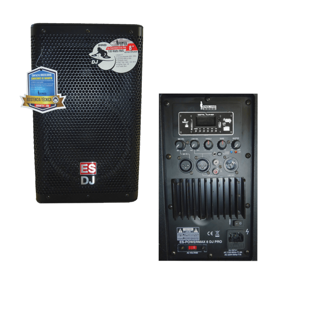 CAJA AMPLIFICADA 8 PULG., 100W RMS, 1 MIC XLR, BASS & TREBLE, ENTRADA DE LINEA 3.5, XLR, RCA, SALIDA XLR, INCLUYE MICROFONO