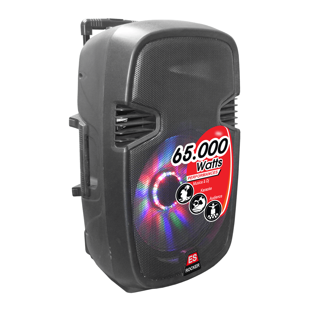 CAJA AMPLIFICADA CON BATERIA 15 PULG., 65.000W PMOP, BT, USB, SD, INCLUYE UN MICROFONO Y PEDESTAL
