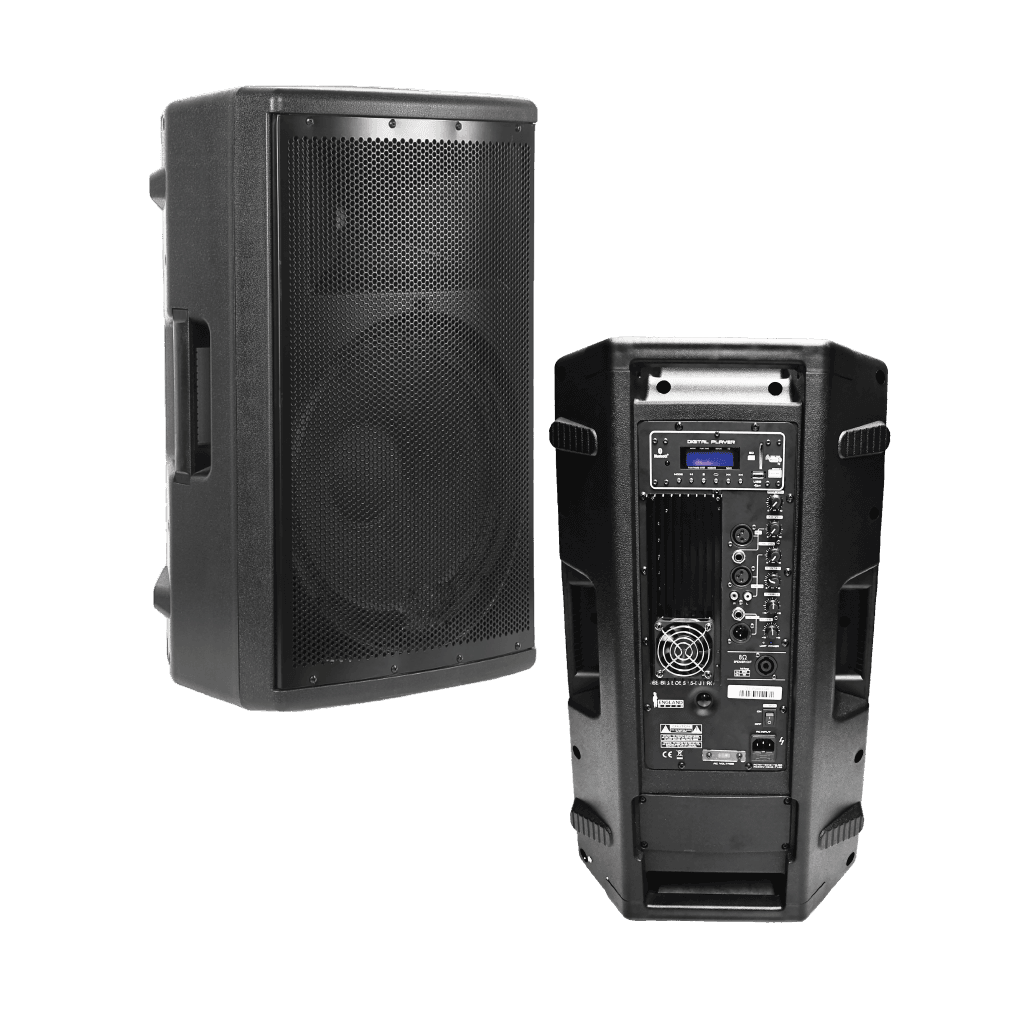 CAJA AMPLIFICADA 15 PULG., 350W RMS, 1 MIC 1/4 Y XLR, BASS & TREBLE, ENTRADA  XLR, RCA, SALIDA XLRS Y SPEAKON INCLUYE MICROFONO