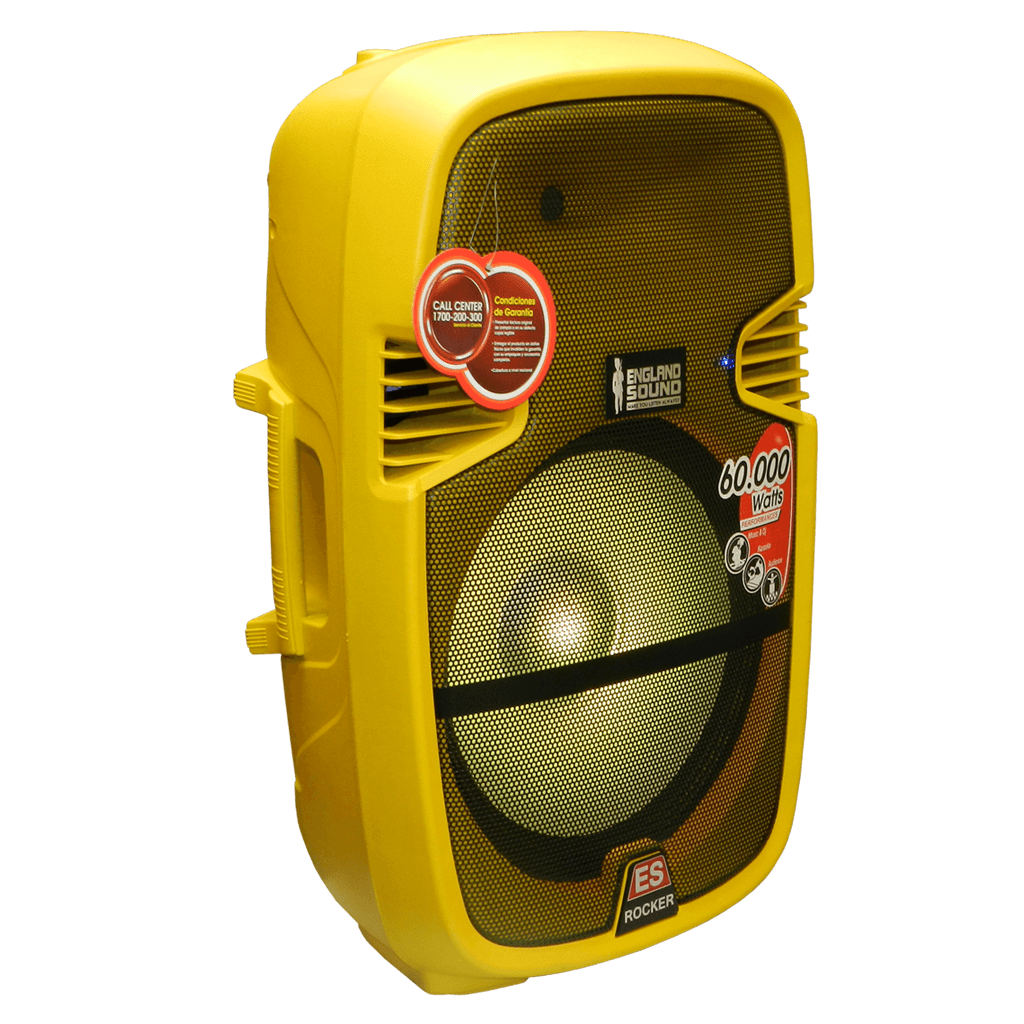 CAJA AMPLIFICADA 15 PULG. COLOR AMARILLO, 95.000W PMOP, 1 MIC 1/4 Y XLR, EQ 5 BANDAS, ENTRADA  XLR, RCA, SALIDA XLRS Y SPEAKON INCLUYE MICROFONO Y PEDESTAL