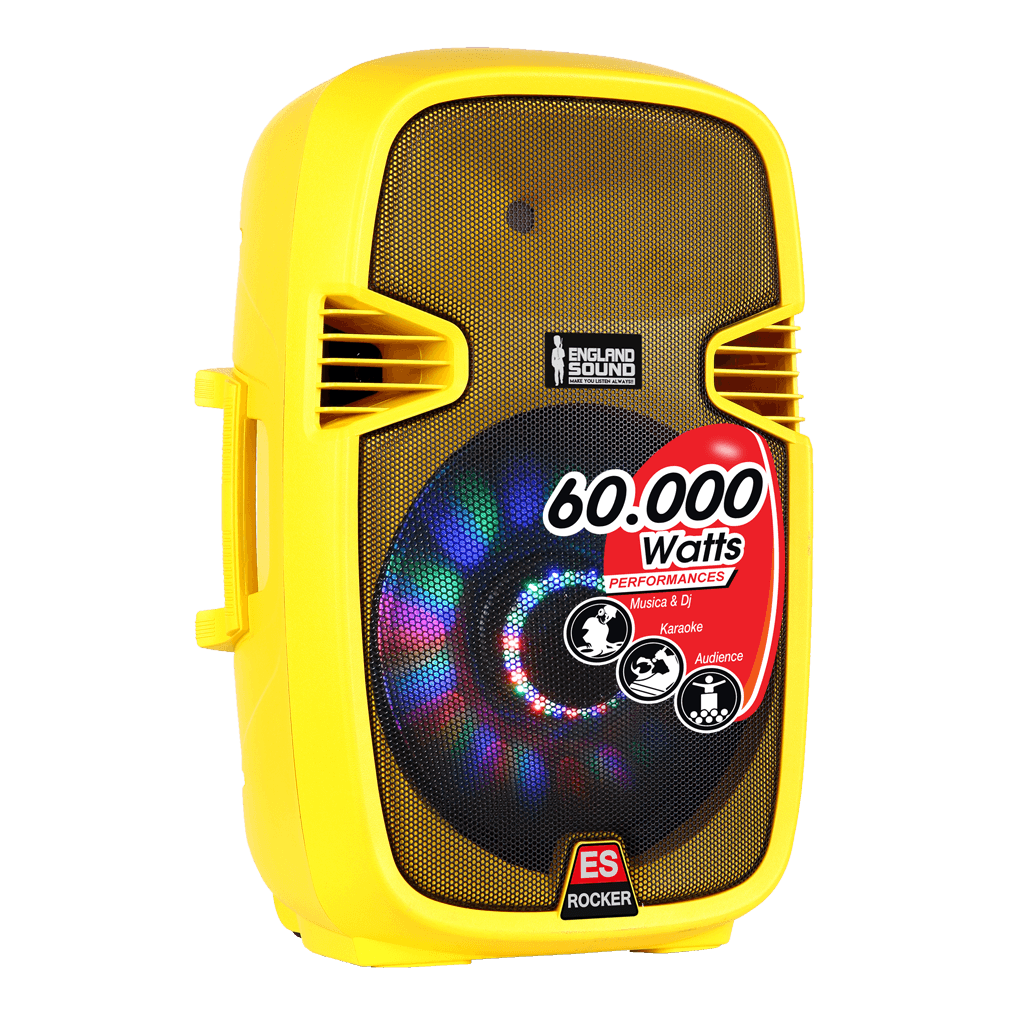 CAJA AMPLIFICADA 15 PULG. COLOR AMARILLO, 95.000W PMOP, 1 MIC 1/4 Y XLR, EQ 5 BANDAS, ENTRADA  XLR, RCA, SALIDA XLRS Y SPEAKON INCLUYE MICROFONO Y PEDESTAL