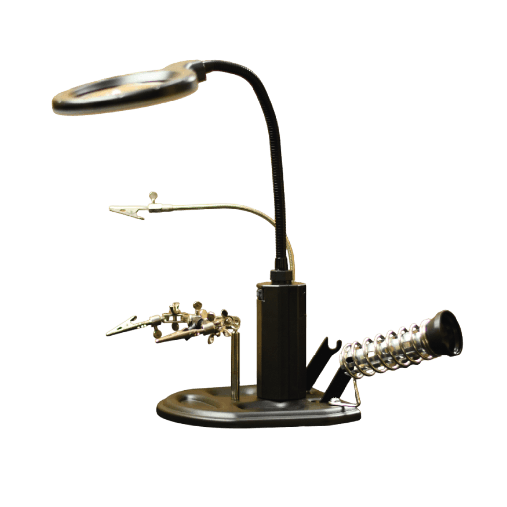 ESTACIÓN DE TRABAJO CON LUZ Y LUPA 3X/6X, LENTE GRANDE 85MM, LENTE PEQUEÑO 21MM MATERIAL ABS SOPORTA 4 BATERIAS AA