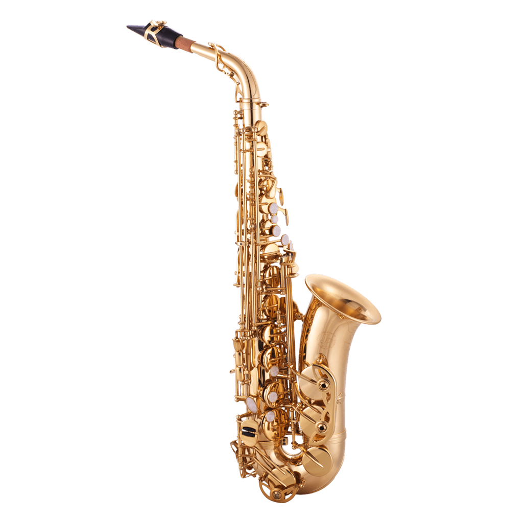 SAXOFON ALTO, ACABADO DORADO LAQUEADO, INCLUYE BOQUILLA CON ABRASADERA, CORREA Y ESTUCHE