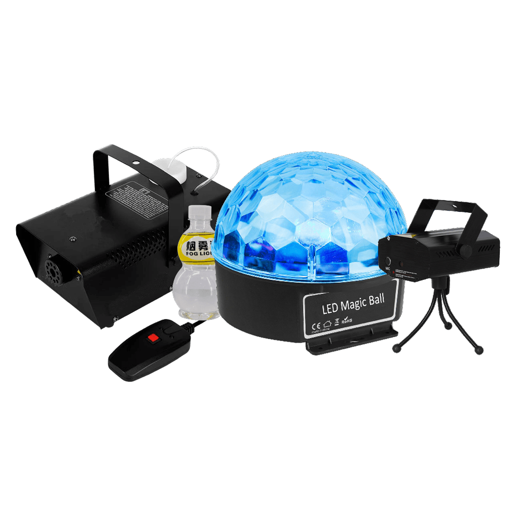 KIT DE LUCES, LASER Y CAMARA DE HUMO INCLUYE LIQUIDO DE HUMO