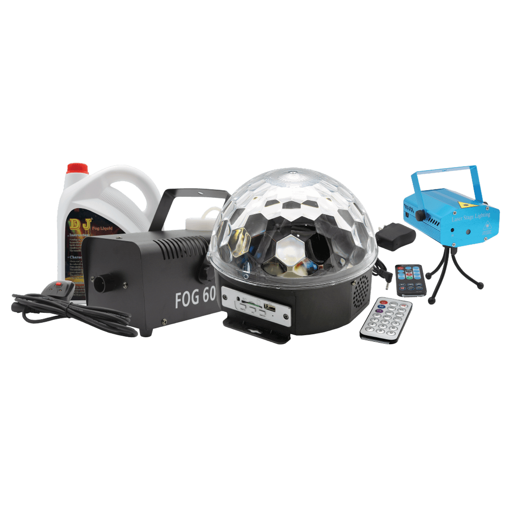 KIT DE LUCES, LASER Y CAMARA DE HUMO INCLUYE LIQUIDO DE HUMO