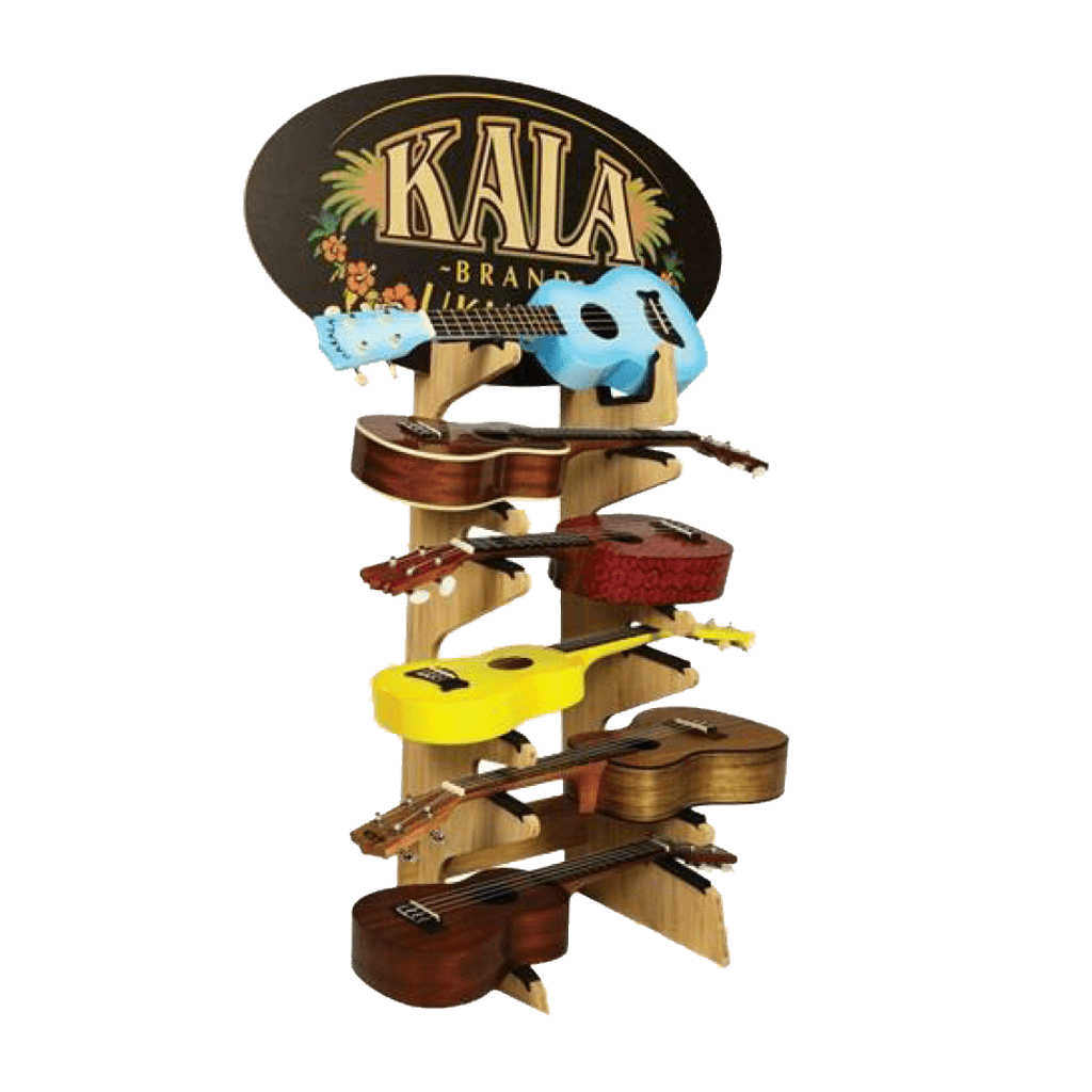 SOPORTE DE PISO PARA EXHIBICION DE UKELELES, MADERA MDF, 6 DIVISIONES