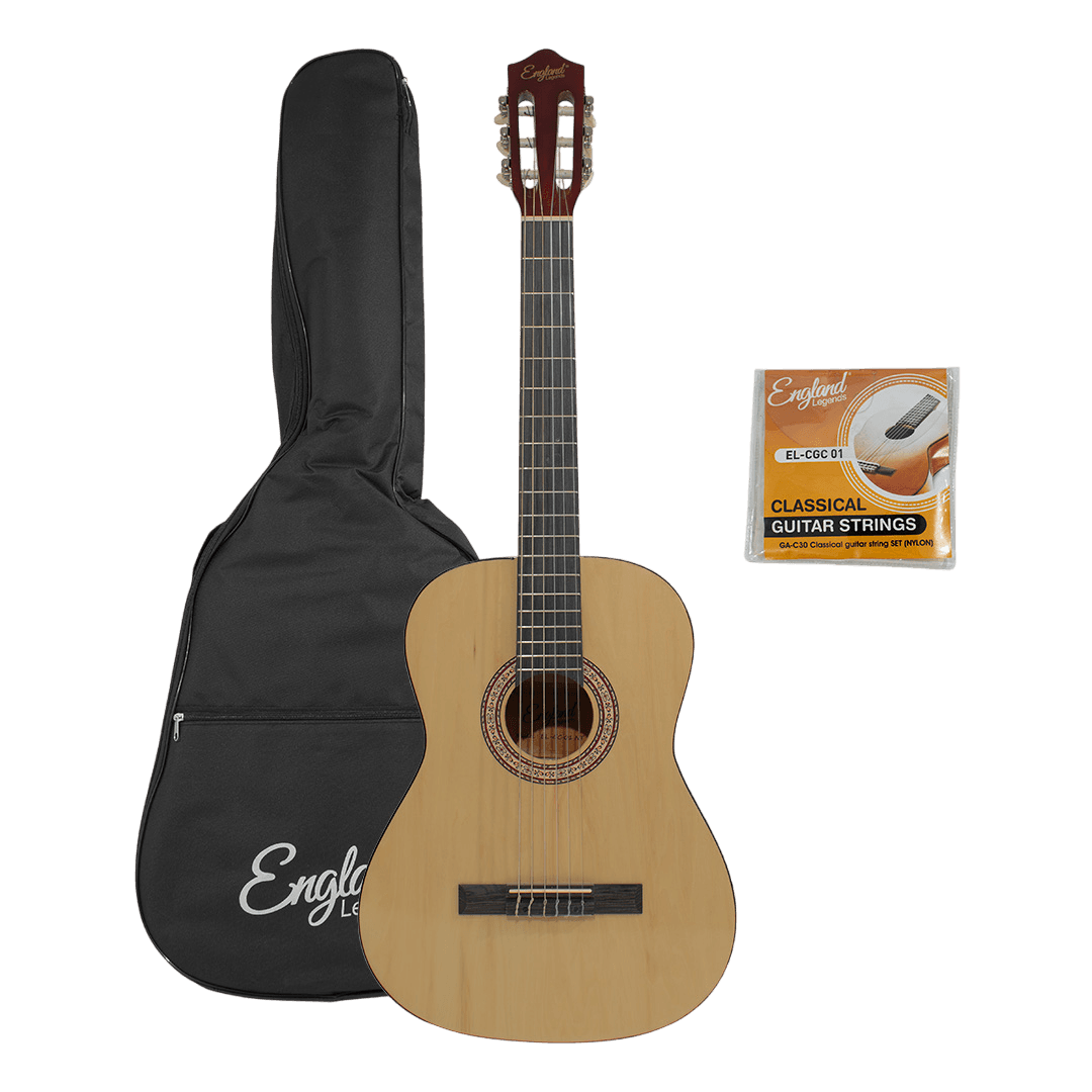 GUITARRA CLASICA 39" COLOR NATURAL, INCLUYE  BOLSO, UN JUEGO DE CUERDAS DE REPUESTO, AFINADOR, CORREA
