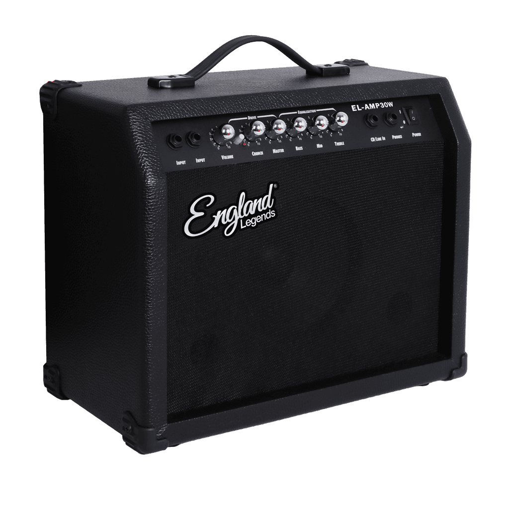 AMPLIFICADOR PARA GUITARRA ELECTRICA DE 30W, EQ BASS, MEDIO Y TREBLE, EFECTO DE DRIVE, 2 ENTRADAS JACK 6.3 MM, ENTRADA AUX Y AUDIFONOS