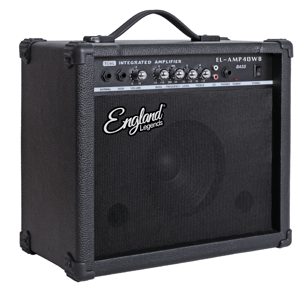 AMPLIFICADOR PARA BAJO ELECTRICO DE 40W, EQ BASS Y TREBLE, 2 ENTRADAS JACK 6.3 MM, ENTRADA AUX RCA Y AUDIFONOS