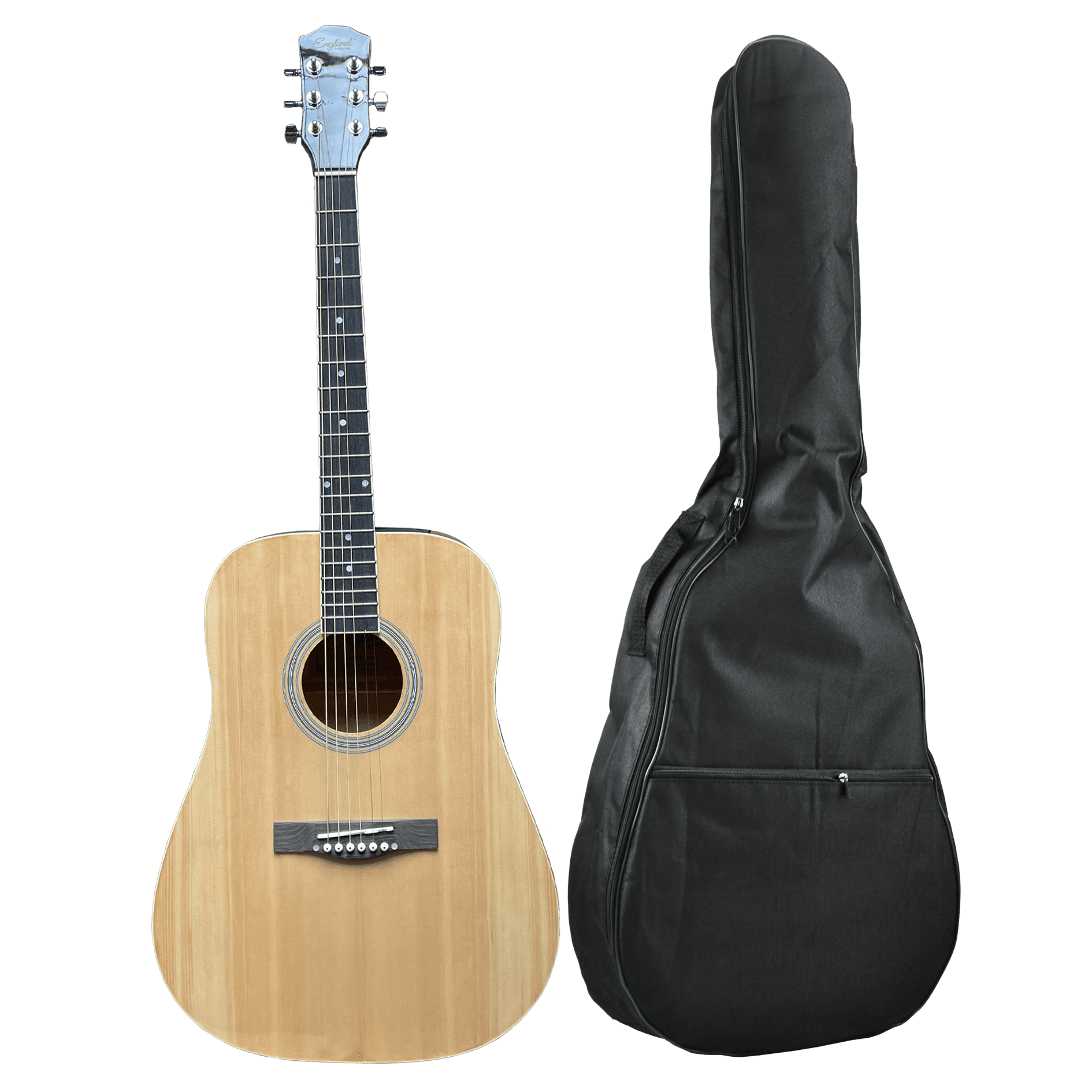 GUITARRA ACUSTCA COLOR NATURAL, ESCALA 41", INCLUYE  BOLSO, JUEGO DE CUERDAS DE REPUESTO, CAPO TRASTE, AFINADOR, CORREA, VITELA Y ENRROLLADOR DE CUERDAS