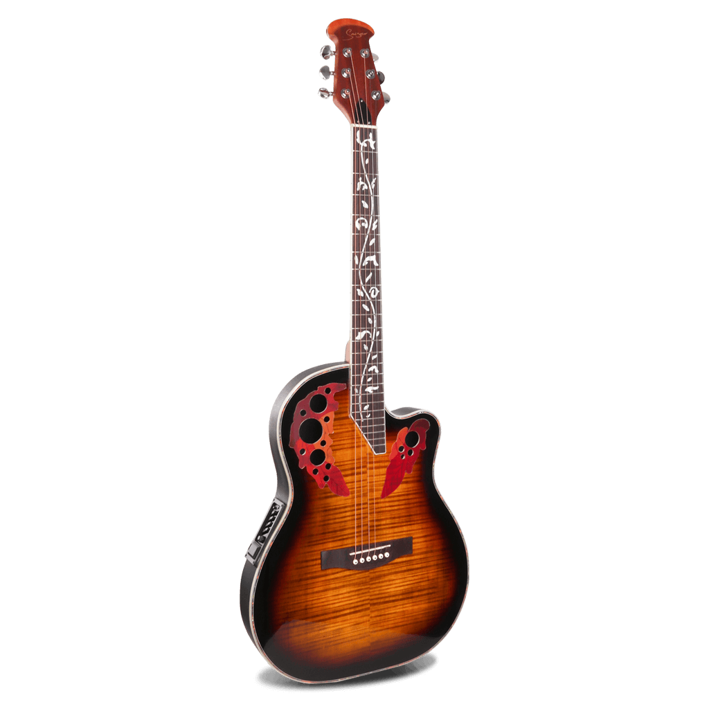 GUITARRA ELECTROACUSTCA 41", CUTAWAY, TIPO OVATION, COLOR SUNBURST,INCLUYE BOLSO, TAPA ABETO, FONDO PLASTICO ABS, DIAPASONMADERA TRATARDA