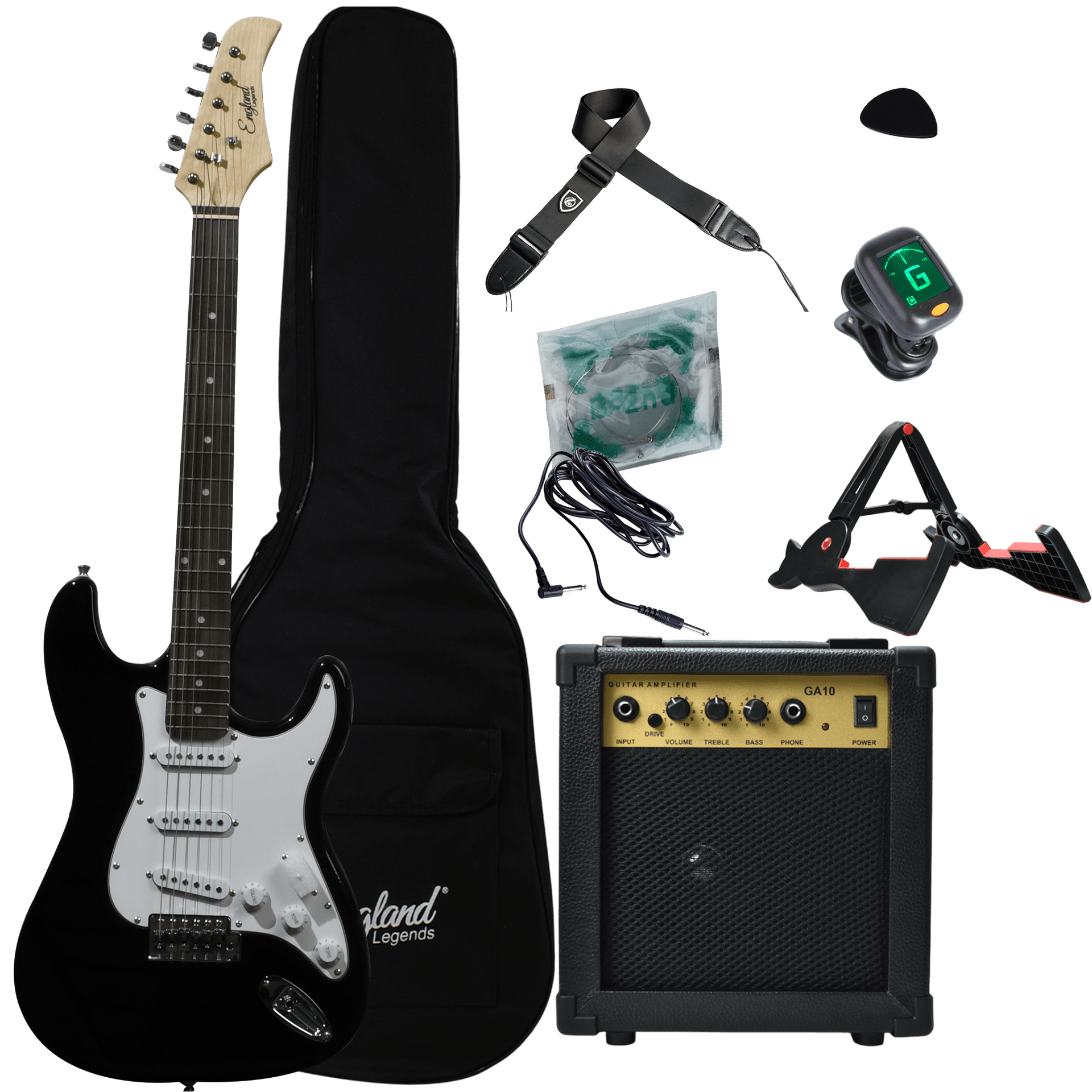 COMBO DE GUITARRA ELECTRICA TIPO STRATOCASTER COLOR NEGRO, INCLUYE AMPLIFICADOR DE 10W, CUERDAS DE RESPUESTO, CABLE, CORREA, AFINADOR, BOLSO, SOPORTE