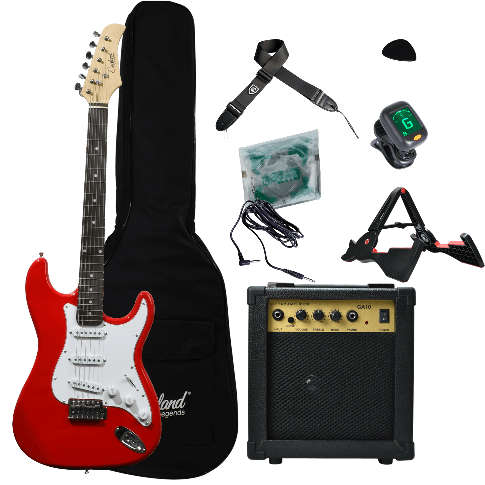 COMBO DE GUITARRA ELECTRICA TIPO STRATOCASTER COLOR ROJO, INCLUYE AMPLIFICADOR DE 10W, CUERDAS DE RESPUESTO, CABLE, CORREA, AFINADOR, BOLSO, SOPORTE - Miniatura 7