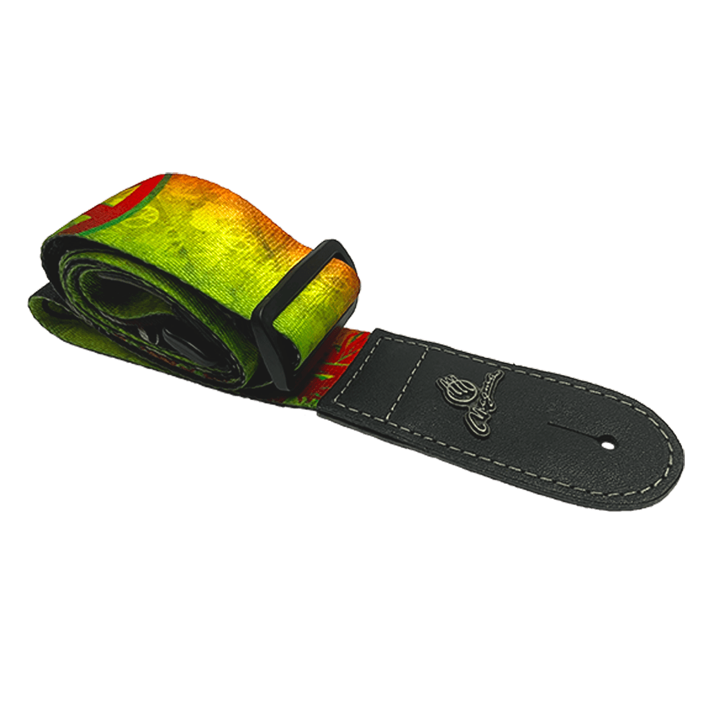 CORREA PARA GUITARRA ELECTRICA O BAJO ELECTRICO, DE POLIESTER Y PUNTAS DE CUERO, DISEÑO  REGGAE, 5 CM DE ANCHO, LARGO MAX.148CM