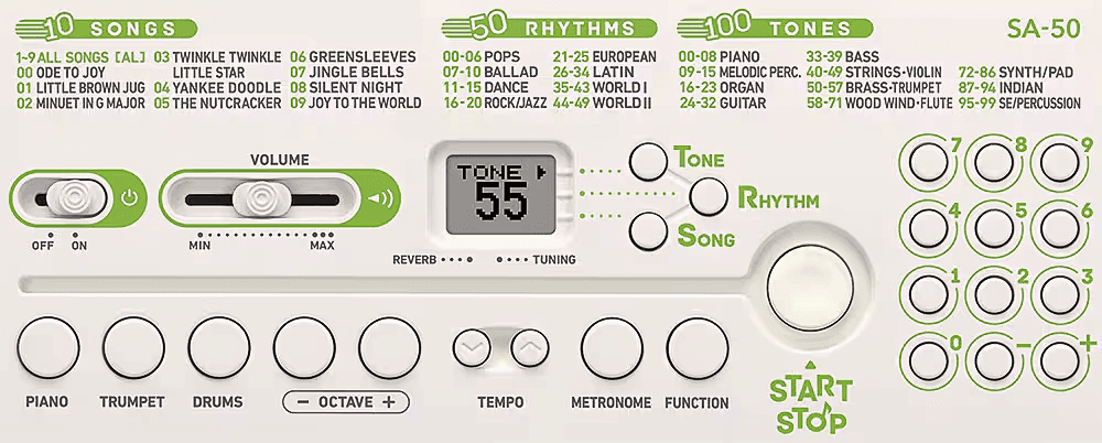 MINI TECL, 32 T, 100 TIMB, 50 RITM, 10 CANC, PANT LCD,  COLOR BLANCO / VERDE