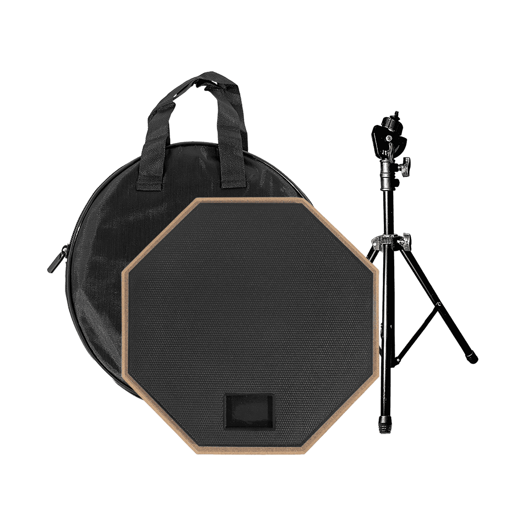 SET DE PRACTICA PARA PERCUSION, PAD 8" COLOR NEGRO, CAUCHO Y MADERA, INCLUYE BOLSO PARA PAD Y SOPORTE TRIPODE DE METAL COLOR NEGRO - Miniatura 6