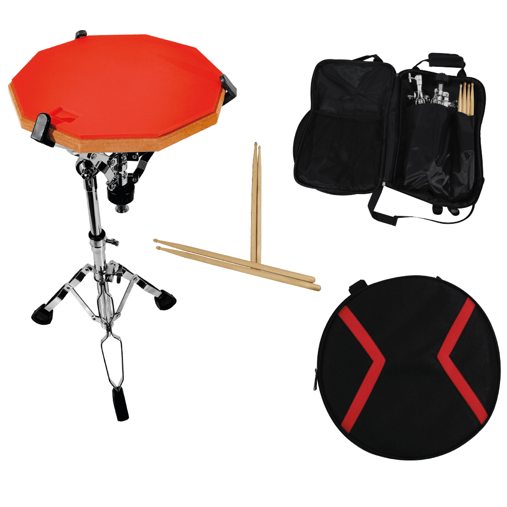 SET DE PRACTICA PARA PERCUSION, PAD 12" COLOR ROJO, CAUCHO Y MADERA, INCLUYE BOLSO PARA PALILLOS, BOLSO PARA PAD, SOPORTE TRIPODE DE METAL CROMADO