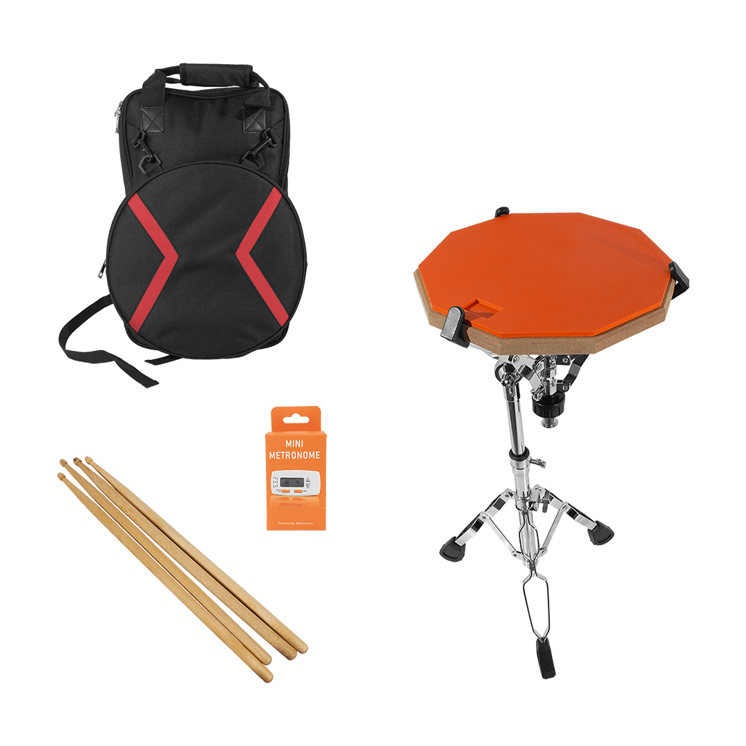 SET DE PRACTICA PARA PERCUSION, PAD 12" COLOR ROJO, CAUCHO Y MADERA, INCLUYE BOLSO PARA PALILLOS, BOLSO PARA PAD, SOPORTE TRIPODE DE METAL CROMADO - Miniatura 4