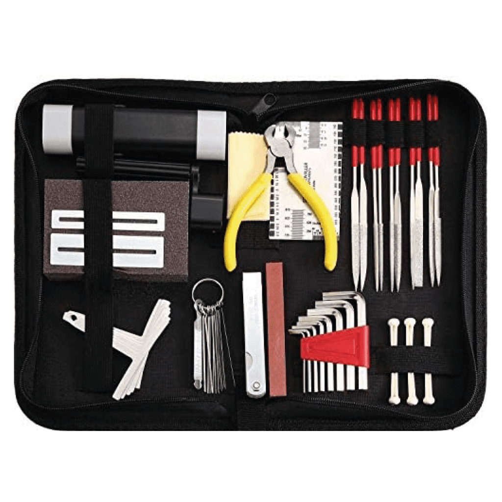 KIT DE HERRAMIENTAS PARA CALIBRAR GUITARRAS, INCLUYE PINZA DE CORTE, ENRROLLADOR DE CUERDAS, GALGAS, REGLA DE ALTURA DE CUERDAS, LIMAS, LIJA, PROTECTOR DE TRASTES