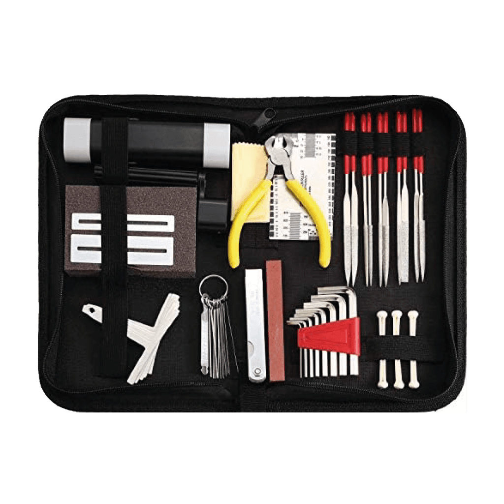 KIT DE HERRAMIENTAS PARA CALIBRAR GUITARRAS, INCLUYE PINZA DE CORTE, ENRROLLADOR DE CUERDAS, GALGAS, REGLA DE ALTURA DE CUERDAS, LIMAS, LIJA, PROTECTOR DE TRASTES - Miniatura 2