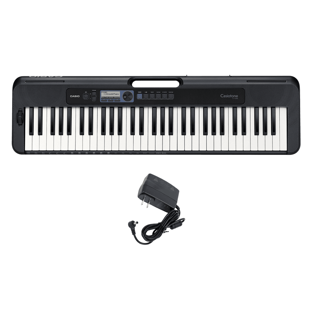 TECL 61 T, 400 TIMB, 77 RITM, POLIFONIA 48, CONEC APP, USB A HOST, PANT LCD, INCL ADAPT DE CORRIENTE, COLOR NEGRO