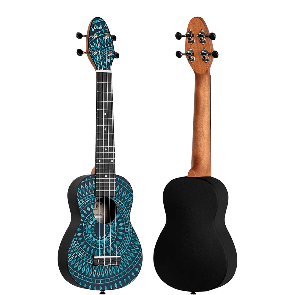 SET DE UKELELE SOPRANO 13", KEIKI, TAPA SUPERIOR AGATHIS, CUERPO ABS, DIAPASÓN Y PUNTE ABS, MÁSTIL OKOUME, COLOR CALEIDOSCOPIO AZUL, ACABADO SATINADO, INCLUYE AFINADOR,CORREA,VITELA Y BOLSA DE TELA