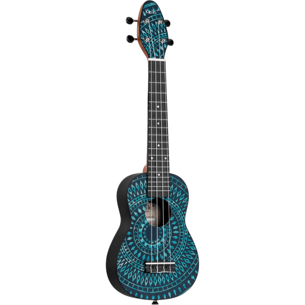 SET DE UKELELE SOPRANO 13", KEIKI, TAPA SUPERIOR AGATHIS, CUERPO ABS, DIAPASÓN Y PUNTE ABS, MÁSTIL OKOUME, COLOR CALEIDOSCOPIO AZUL, ACABADO SATINADO, INCLUYE AFINADOR,CORREA,VITELA Y BOLSA DE TELA - Miniatura 5
