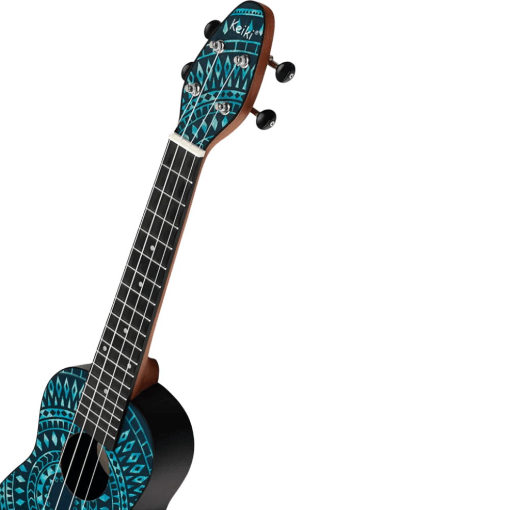 SET DE UKELELE SOPRANO 13", KEIKI, TAPA SUPERIOR AGATHIS, CUERPO ABS, DIAPASÓN Y PUNTE ABS, MÁSTIL OKOUME, COLOR CALEIDOSCOPIO AZUL, ACABADO SATINADO, INCLUYE AFINADOR,CORREA,VITELA Y BOLSA DE TELA - Miniatura 7