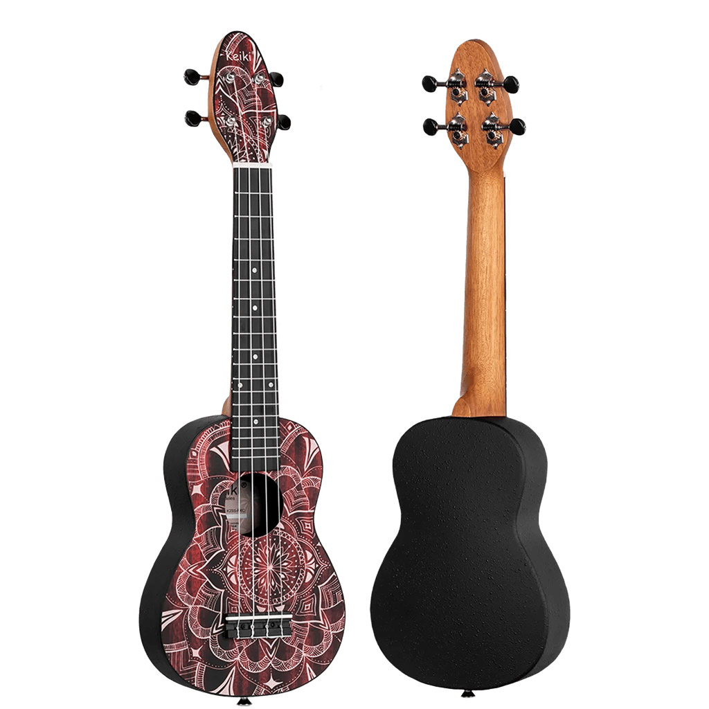 SET DE UKELELE SOPRANO 13", KEIKI, TAPA SUPERIOR AGATHIS, CUERPO ABS, DIAPASÓN Y PUNTE ABS, MÁSTIL OKOUME, COLOR CALEIDOSCOPIO ROJO, ACABADO SATINADO, INCLUYE AFINADOR,CORREA,VITELA Y BOLSA DE TELA