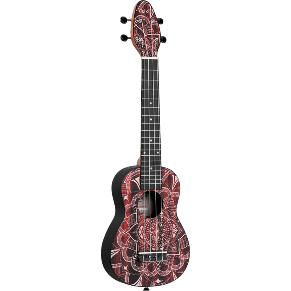 SET DE UKELELE SOPRANO 13", KEIKI, TAPA SUPERIOR AGATHIS, CUERPO ABS, DIAPASÓN Y PUNTE ABS, MÁSTIL OKOUME, COLOR CALEIDOSCOPIO ROJO, ACABADO SATINADO, INCLUYE AFINADOR,CORREA,VITELA Y BOLSA DE TELA - Miniatura 2